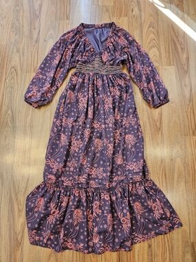 Boho Floral V-Neck Long Sleeve Maxi Dress in Plum and Coral